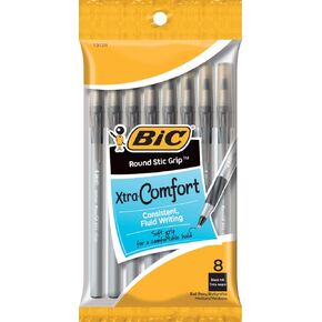BIC Round Stic Grip Xtra Comfort Black Ballpoint Pens, Medium Point (1.2mm), 8-Count Pack, Perfect Writing Pens With Soft Grip for Superb Comfort and Control