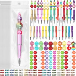 Cholemy 24 Sets Plastic Beadable Pens Assorted Bead Pens Multicolor Beads Bubblegum Beads Crystal Spacer Beads Black Ink Ballpoint DIY Bead Pen Set for Kids Women Office Gifts School (Beautiful)