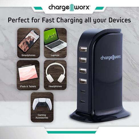 Multiport Charger | Fast-Charging USB Tower with 4 USB Ports & 2 USB-C | 40W Output | Fire & Surge Protection | Power Delivery & Rapid Charging in Saudi Arabia