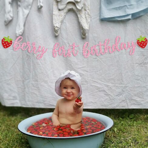 بيري أول عيد ميلاد راية، الفراولة زينة عيد الميلاد الأول بيري عيد ميلاد الأول ديكور بريق الوردي الفراولة عيد ميلاد راية للفتيات الفراولة الحلو واحد لوازم حفلة عيد ميلاد، استحمام الطفل in Kuwait