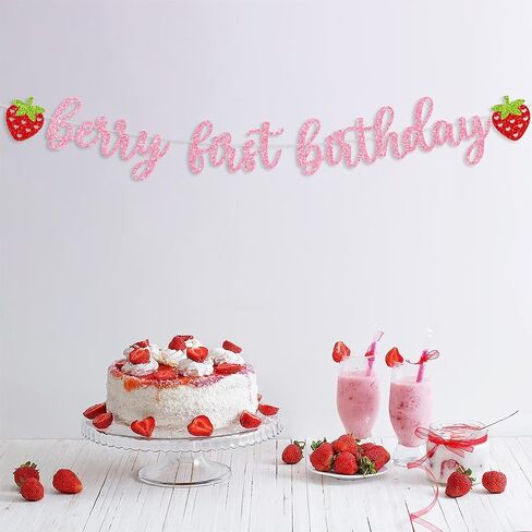 بيري أول عيد ميلاد راية، الفراولة زينة عيد الميلاد الأول بيري عيد ميلاد الأول ديكور بريق الوردي الفراولة عيد ميلاد راية للفتيات الفراولة الحلو واحد لوازم حفلة عيد ميلاد، استحمام الطفل in Kuwait