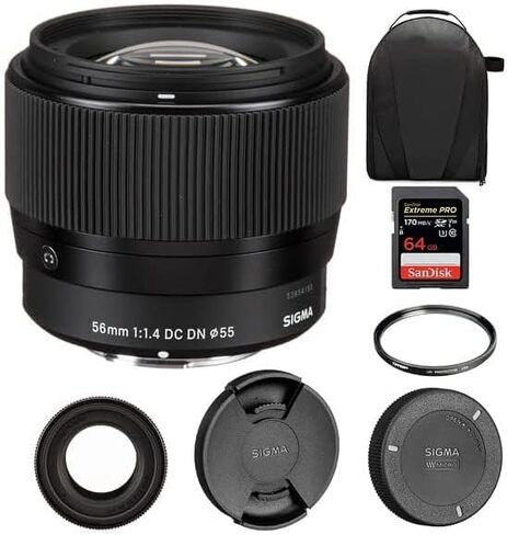 عدسة سيجما 56 ملم f/1.4 DC DN المعاصرة لـ Micro Four Thirds | غشاء مستدير ذو 9 شفرات مع مانع للتسرب، فلتر حماية من الأشعة فوق البنفسجية مقاس 55 مم من Tiffen، وبطاقة ذاكرة Extreme PRO بسعة 64 جيجابايت، وحقيبة كاميرا Waith in Saudi Arabia