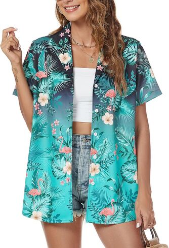 Hawaiian Shirt for Women Vacation Beach Tropical Button Down Shirts Summer Hawaii Aloha Short Sleeve Tops in Saudi Arabia
