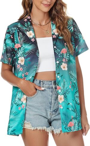 Hawaiian Shirt for Women Vacation Beach Tropical Button Down Shirts Summer Hawaii Aloha Short Sleeve Tops in Saudi Arabia