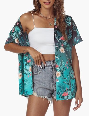 Hawaiian Shirt for Women Vacation Beach Tropical Button Down Shirts Summer Hawaii Aloha Short Sleeve Tops in Saudi Arabia