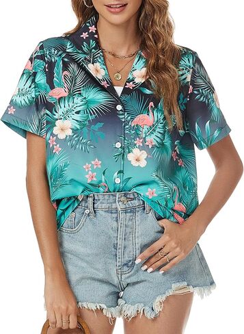 Hawaiian Shirt for Women Vacation Beach Tropical Button Down Shirts Summer Hawaii Aloha Short Sleeve Tops in Saudi Arabia