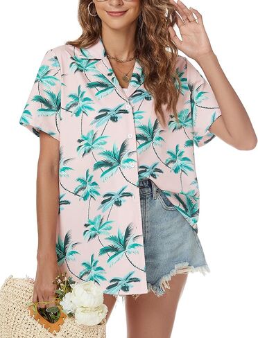 Hawaiian Shirt for Women Vacation Beach Tropical Button Down Shirts Summer Hawaii Aloha Short Sleeve Tops in Saudi Arabia