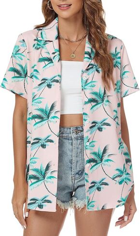 Hawaiian Shirt for Women Vacation Beach Tropical Button Down Shirts Summer Hawaii Aloha Short Sleeve Tops in Saudi Arabia