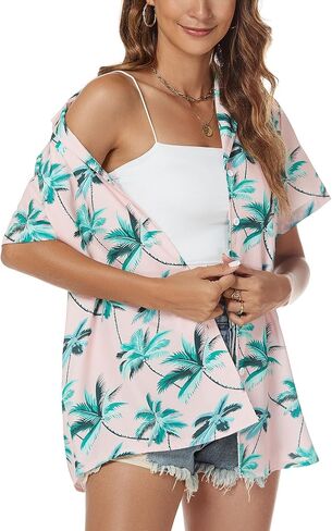 Hawaiian Shirt for Women Vacation Beach Tropical Button Down Shirts Summer Hawaii Aloha Short Sleeve Tops in Saudi Arabia