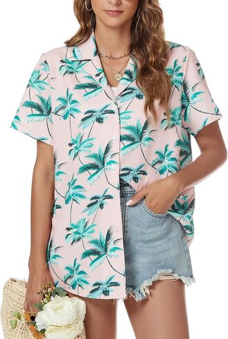 Hawaiian Shirt for Women Vacation Beach Tropical Button Down Shirts Summer Hawaii Aloha Short Sleeve Tops in Saudi Arabia