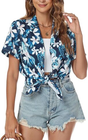 Hawaiian Shirt for Women Vacation Beach Tropical Button Down Shirts Summer Hawaii Aloha Short Sleeve Tops in Saudi Arabia