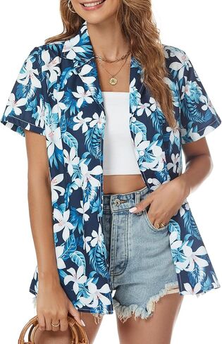 Hawaiian Shirt for Women Vacation Beach Tropical Button Down Shirts Summer Hawaii Aloha Short Sleeve Tops in Saudi Arabia