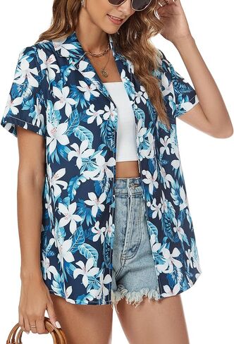 Hawaiian Shirt for Women Vacation Beach Tropical Button Down Shirts Summer Hawaii Aloha Short Sleeve Tops in Saudi Arabia