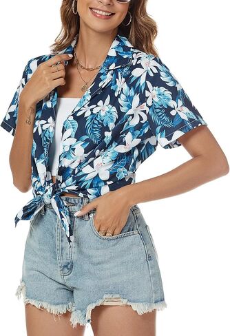 Hawaiian Shirt for Women Vacation Beach Tropical Button Down Shirts Summer Hawaii Aloha Short Sleeve Tops in Saudi Arabia