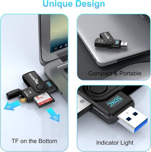 قارئ بطاقة SD USB 3.0، قارئ بطاقة ذاكرة فلاش Rocketek بفتحات مزدوجة مع غطاء بطاقة Micro SD قارئ بطاقات محمول USB 3.0 لـ SD، SDHC، SDXC، Micro SD، Micro SDHC، Micro SDXC - محرك فلاش USB 3.0 in Kuwait