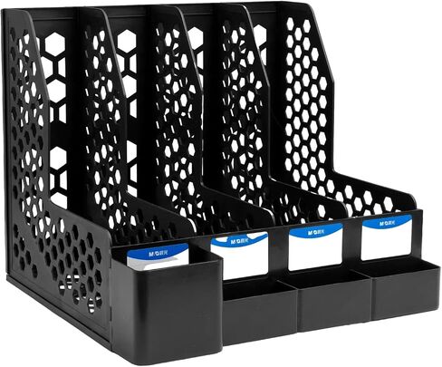 M&G Magazine File Holder Desktop Organizer, 4 Compartments Plastic File Holder Book Organizer with Extra Pen Holder Storage, Document Cabinet Rack Storage for Shool Office Home (Black) in Saudi Arabia
