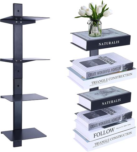 Invisible Book Shelf Floating Hanging Bookshelf Wall 2 Tier Floating Book Shelves for Wall, Metal Vertical Bookshelf, Spine Bookshelf for Living Room, Home, Office, Black,B Style in Saudi Arabia