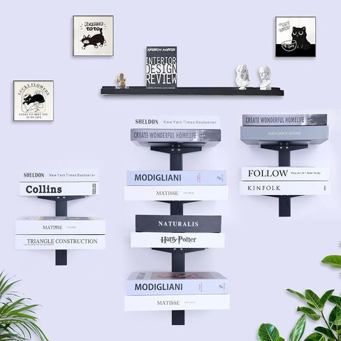Invisible Book Shelf Floating Hanging Bookshelf Wall 2 Tier Floating Book Shelves for Wall, Metal Vertical Bookshelf, Spine Bookshelf for Living Room, Home, Office, Black,B Style in Saudi Arabia