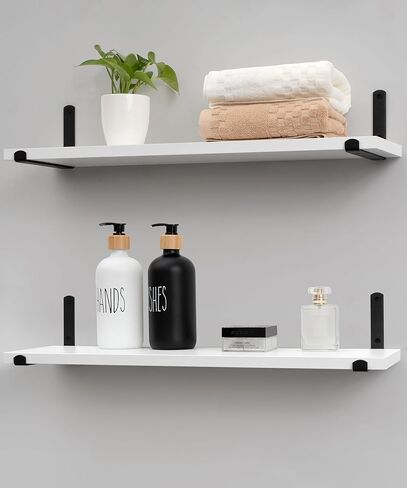 أرفف حائط بيضاء من Afuly، أرفف عائمة للحمام، أرفف لديكور تخزين الحائط، أرفف مثبتة على الحائط لغرفة نوم الحمام وغرفة المعيشة، أرفف كتب عائمة للجدار الأسود، مجموعة من 2 in Kuwait