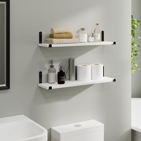 أرفف حائط بيضاء من Afuly، أرفف عائمة للحمام، أرفف لديكور تخزين الحائط، أرفف مثبتة على الحائط لغرفة نوم الحمام وغرفة المعيشة، أرفف كتب عائمة للجدار الأسود، مجموعة من 2 in Kuwait