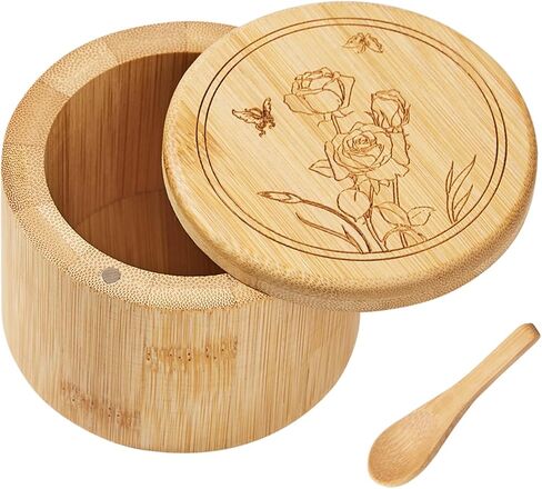 Salt Cellar, Bamboo Salt Box, Salt Container With Spoon, Salt Holder With Lid, Salt Shaker, Cumin and Pepper Bowl with Magnetic Swivel Lid (1 box with engraved Salt)… (SALT engraved) in Saudi Arabia