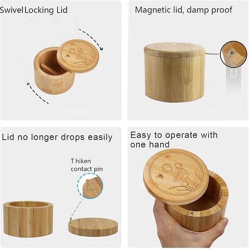 Salt Cellar, Bamboo Salt Box, Salt Container With Spoon, Salt Holder With Lid, Salt Shaker, Cumin and Pepper Bowl with Magnetic Swivel Lid (1 box with engraved Salt)… (SALT engraved) in Saudi Arabia