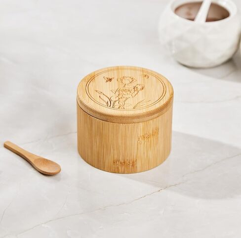 Salt Cellar, Bamboo Salt Box, Salt Container With Spoon, Salt Holder With Lid, Salt Shaker, Cumin and Pepper Bowl with Magnetic Swivel Lid (1 box with engraved Salt)… (SALT engraved) in Saudi Arabia