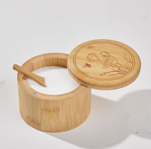 Salt Cellar, Bamboo Salt Box, Salt Container With Spoon, Salt Holder With Lid, Salt Shaker, Cumin and Pepper Bowl with Magnetic Swivel Lid (1 box with engraved Salt)… (SALT engraved) in Saudi Arabia