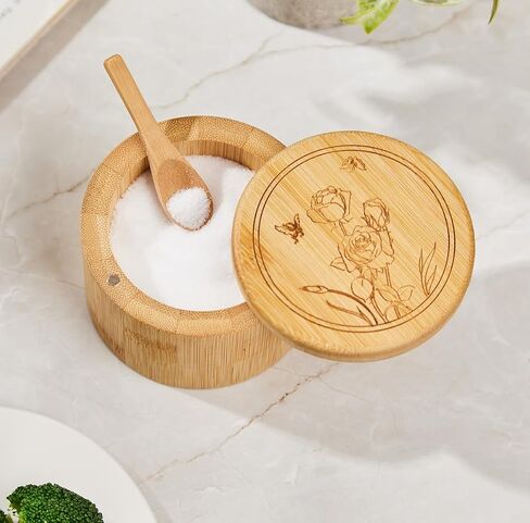 Salt Cellar, Bamboo Salt Box, Salt Container With Spoon, Salt Holder With Lid, Salt Shaker, Cumin and Pepper Bowl with Magnetic Swivel Lid (1 box with engraved Salt)… (SALT engraved) in Saudi Arabia