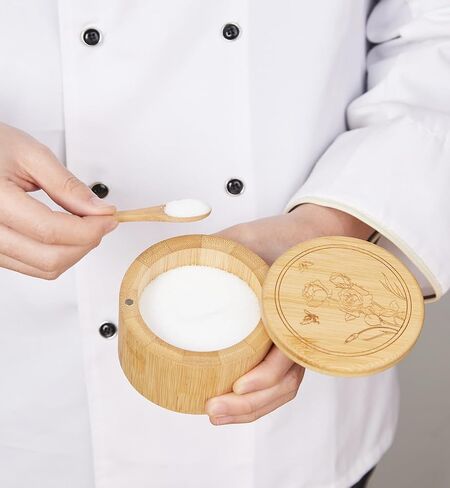 Salt Cellar, Bamboo Salt Box, Salt Container With Spoon, Salt Holder With Lid, Salt Shaker, Cumin and Pepper Bowl with Magnetic Swivel Lid (1 box with engraved Salt)… (SALT engraved) in Saudi Arabia