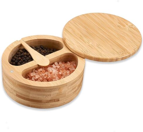 Salt Cellar, Bamboo Salt Box, Salt Container With Spoon, Salt Holder With Lid, Salt Shaker, Cumin and Pepper Bowl with Magnetic Swivel Lid (1 box with engraved Salt)… (SALT engraved) in Saudi Arabia
