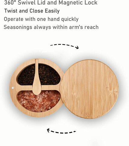 Salt Cellar, Bamboo Salt Box, Salt Container With Spoon, Salt Holder With Lid, Salt Shaker, Cumin and Pepper Bowl with Magnetic Swivel Lid (1 box with engraved Salt)… (SALT engraved) in Saudi Arabia