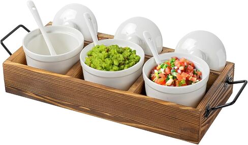 MyGift 10 Piece White Ceramic Condiment Pot Server Set Includes 3 Ramekin Sauce Dip Bowls with Spoons and Lids with Solid Burnt Wood Serving Tray and Black Metal Handles and Lid Holder Slots in Saudi Arabia