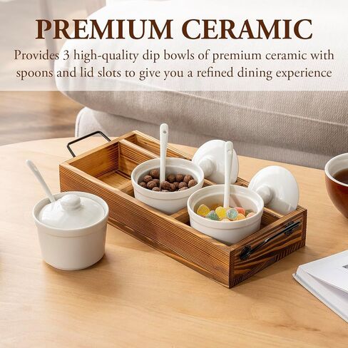 MyGift 10 Piece White Ceramic Condiment Pot Server Set Includes 3 Ramekin Sauce Dip Bowls with Spoons and Lids with Solid Burnt Wood Serving Tray and Black Metal Handles and Lid Holder Slots in Saudi Arabia