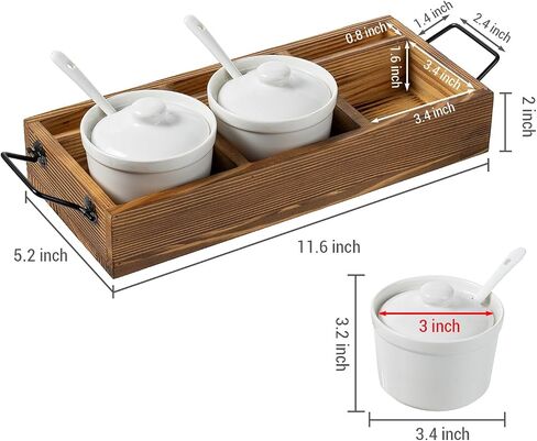MyGift 10 Piece White Ceramic Condiment Pot Server Set Includes 3 Ramekin Sauce Dip Bowls with Spoons and Lids with Solid Burnt Wood Serving Tray and Black Metal Handles and Lid Holder Slots in Saudi Arabia