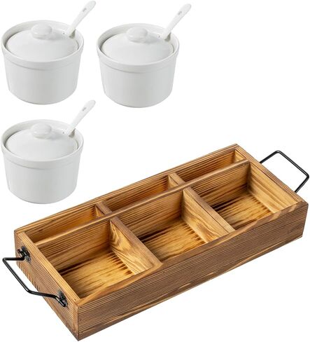 MyGift 10 Piece White Ceramic Condiment Pot Server Set Includes 3 Ramekin Sauce Dip Bowls with Spoons and Lids with Solid Burnt Wood Serving Tray and Black Metal Handles and Lid Holder Slots in Saudi Arabia