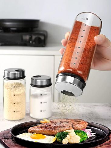 7 oz Salt and Pepper Shaker Set with 304 Stainless Cover Adjustable Outlet Holes Glass Spice Jars Dispenser Seasoning Cans for Kitchen Decor and Home Restaurant BBQ Camping Kitchen Accessories (2Pcs) in Kuwait