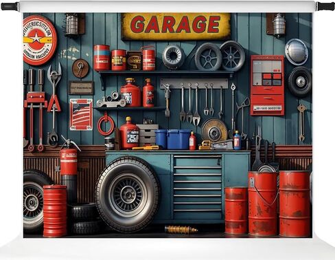 Kate Garage Pet Photo Backdrop Red Tanker Background Tires and Modern Tool Holder Photo Background Studio Props,6.5x6.5ft in Saudi Arabia