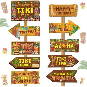 20 Pieces Tiki Totem Birthday Party Decorations Hawaiian Luau Party Directional Sign for Aloha Hawaii Luau Tropical Party Supplies, 10 Styles