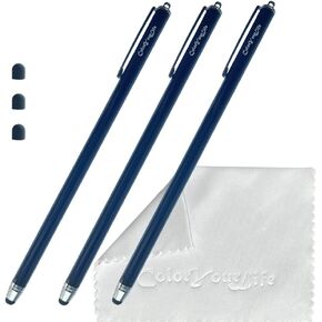 Bundle of 3-Pack 7.3" Extra Long Thin Tip High Precision Universal Capacitive Stylus Pens for Touch Screens and Microfiber Cloth (Purple, Hot Pink, Blue)