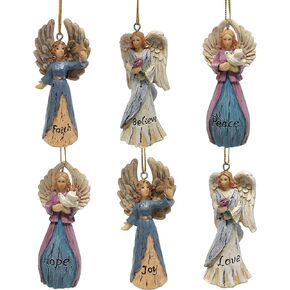 Angel Christmas Ornaments - Set of 6 - Hand-Painted & Engraved with Words - Faith, Believe, Hope, Love, Joy, Peace - Xmas Décor