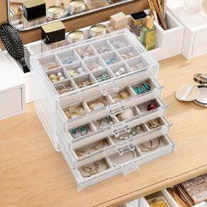 Earring Holder Organizer Box with 5 Drawers, Clear Acrylic Jewelry Organizer for Women Girls, Jewelry Storage with Stackable Jewelry Trays for Earring Ring Bracelet Necklace, Grey