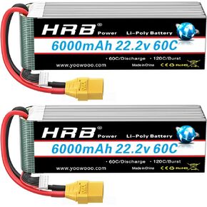 HRB 2pcs 6S 6000mAh Lipo Battery XT90 60C 22.2V RC Lipo Battery Compatible with RC Airlane Helicopter Quacopter Car Truck Boat