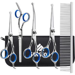 Dog Grooming Scissors, 6-in-1 Professional Dog Grooming Kit, 4CR Stainless Steel Dog Scissors for Grooming, Heavy Duty Grooming Scissors with Safety Round Tips, Pet Grooming Kit for Dogs at Home