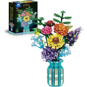 Flower Bouquet Building Set with Vase, 1853 PCS Bricks Artificial Flowers with Roses/Sunflower, Botanical Home Décor Building Blocks Toy, Gift for Mother's Day/Birthday/Anniversary