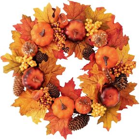 Jelofly 15 Inch Fall Door Wreath Autumn Maple Leaf Pumpkin Pinecone Harvest Wreath for Front Door Thanksgiving Halloween Decorations Home Decor