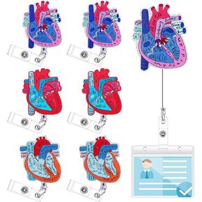 6 Pcs Heart Badge Reel with ID Name Card Tag Retractable Cardiac Phlebotomy Badge Reel Holder Acrylic Nurse Badge Clip for Student Doctor Hospital Anatomy Medical Assistant Work Accessories