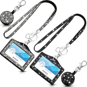 Rhinestone Lanyard Bling ID Card Holder 2 Sets Crystal ID Card Holder Retractable ID Badges Lanyards for Women Nurse Teacher (Black, Ore Grey,Horizontal Style)