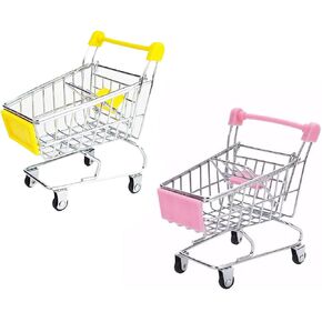 2 Pcs Mini Shopping Cart Supermarket Handcart Shopping Utility Cart Mode Storage Toy, Yellow and Pink