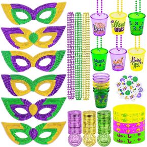 196Pcs Mardi Gras Party Accessories Set, Mardi Gras Party Favors Bead Necklaces Temporary Tattoos and Masks Mardi Gras Throws Bulk for Mardi Gras Parade Masquerade Party Decoration